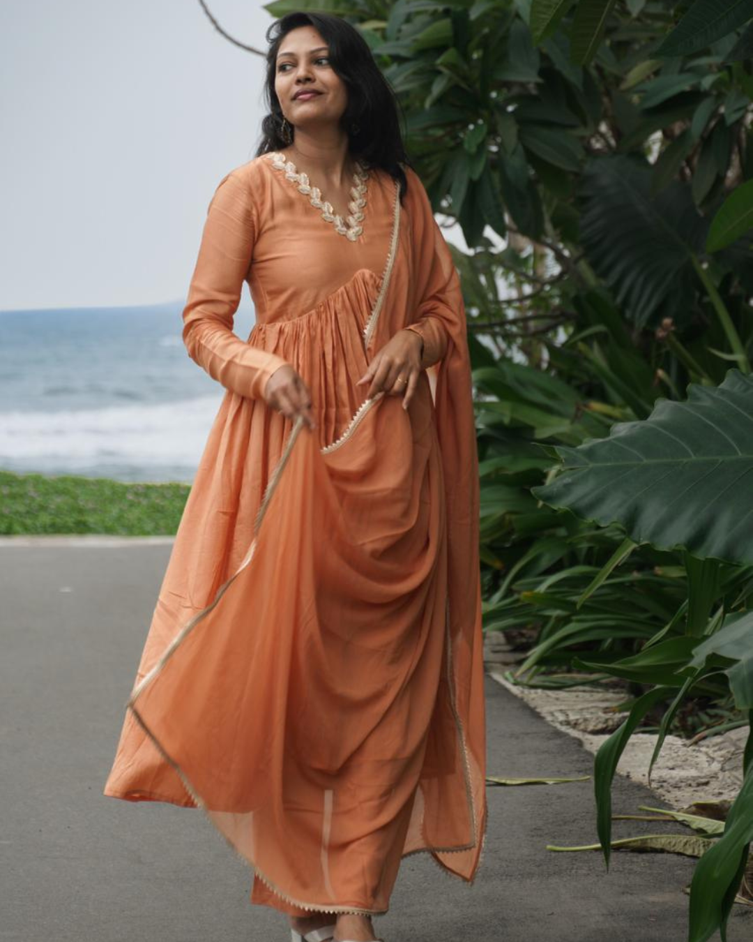 Orange  tussar silk alia cut 3 piece set
