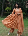 Orange  tussar silk alia cut 3 piece set